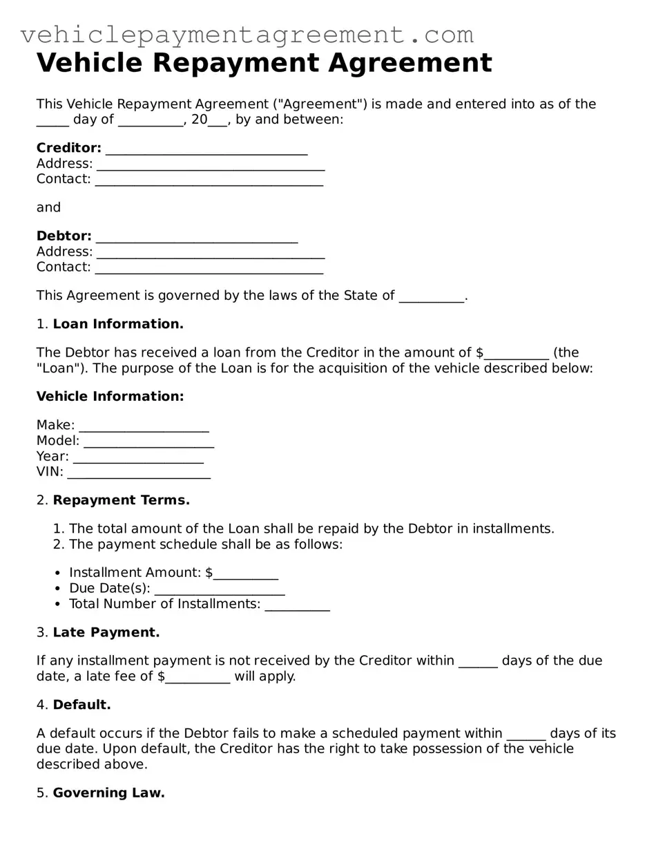 Legal Vehicle Repayment Agreement Form